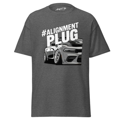 #Alignment PLUG T-Shirt in gray featuring graphic of a sporty car for automotive enthusiasts