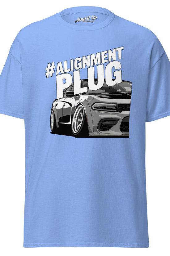 Amp'd Up Custom Alignment PLUG T-Shirt in light blue with a graphic design of a car
