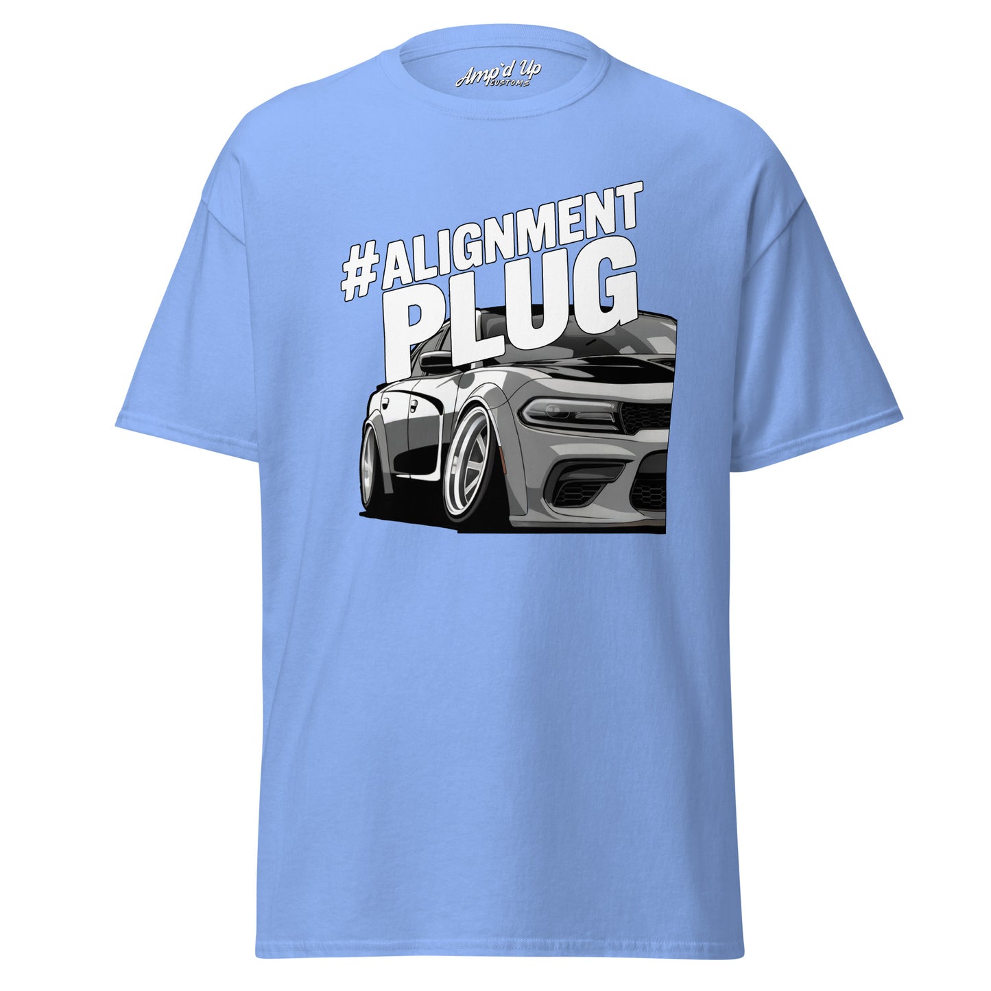 Amp'd Up Custom Alignment PLUG T-Shirt in light blue with a graphic design of a car