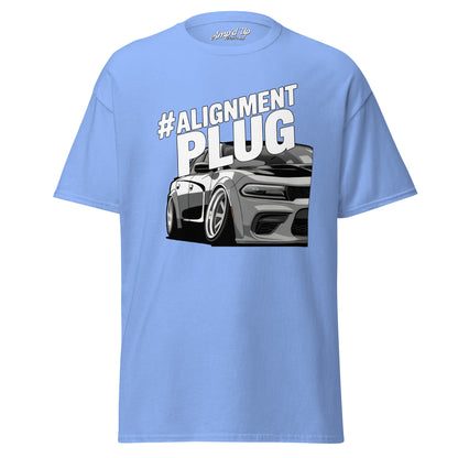Amp'd Up Custom Alignment PLUG T-Shirt in light blue with a graphic design of a car