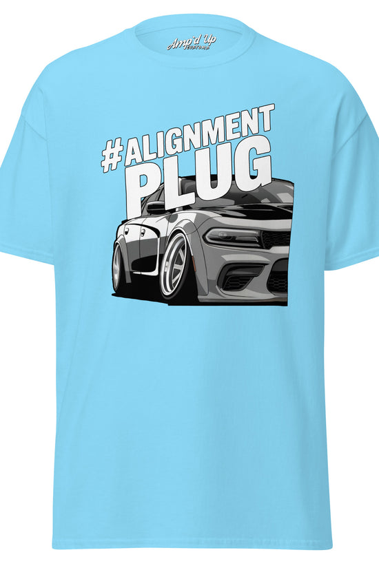 Light blue Alignment PLUG T-Shirt featuring a graphic car design for automotive enthusiasts