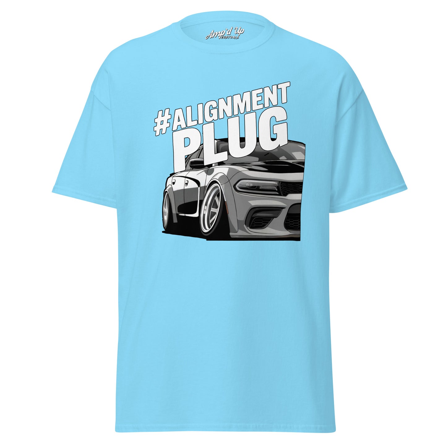 Light blue Alignment PLUG T-Shirt featuring a graphic car design for automotive enthusiasts