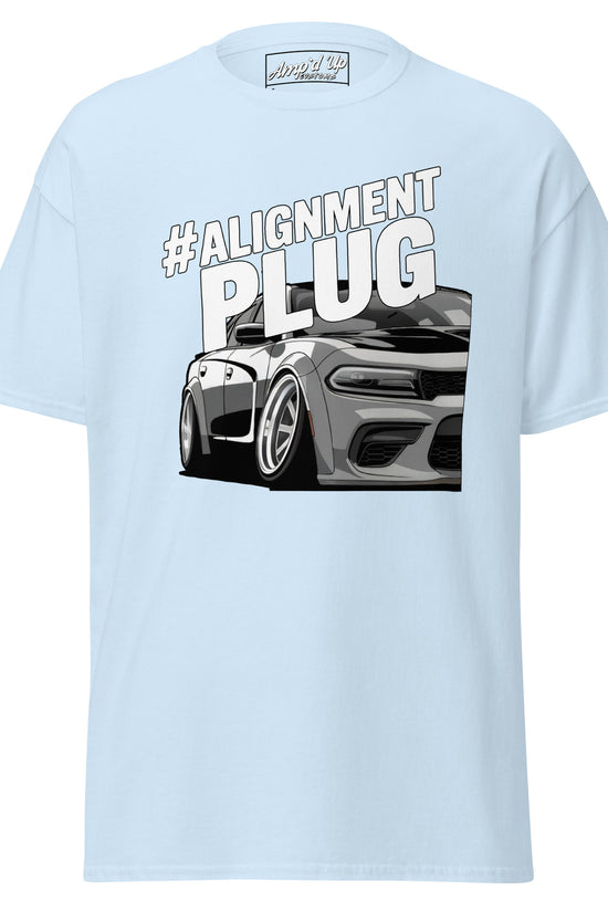 Light blue Alignment PLUG T-Shirt featuring a stylish car graphic for automotive enthusiasts