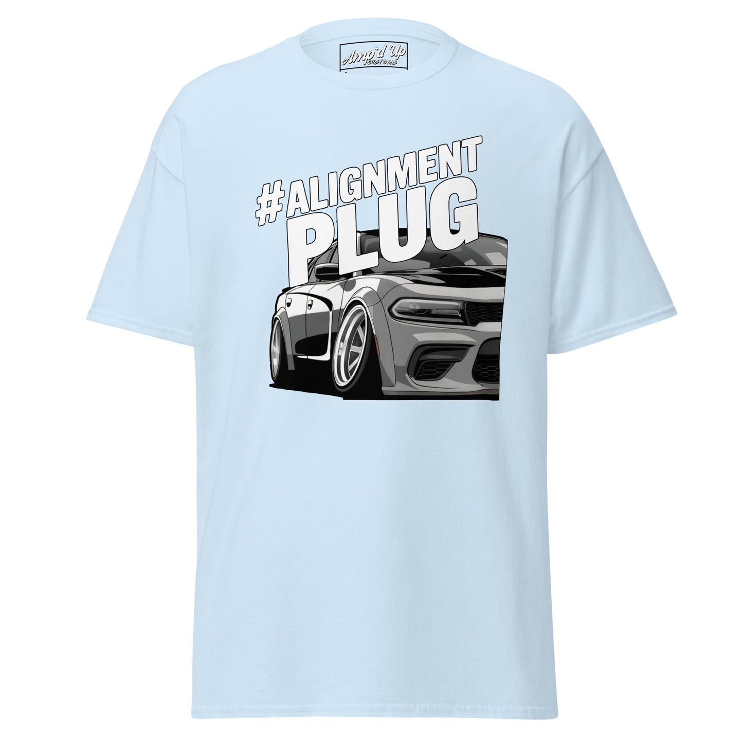 Light blue Alignment PLUG T-Shirt featuring a stylish car graphic for automotive enthusiasts