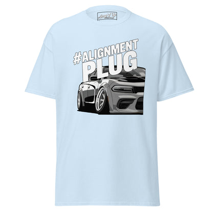 Light blue Alignment PLUG T-Shirt featuring a stylish car graphic for automotive enthusiasts