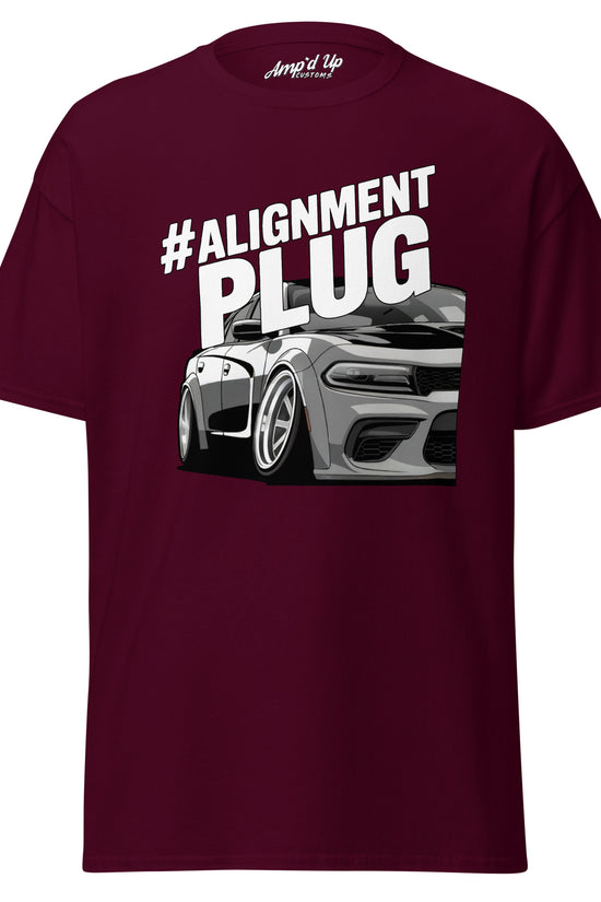 Amp'd Up Custom Alignment PLUG T-Shirt in Maroon with Graphic Car Design
