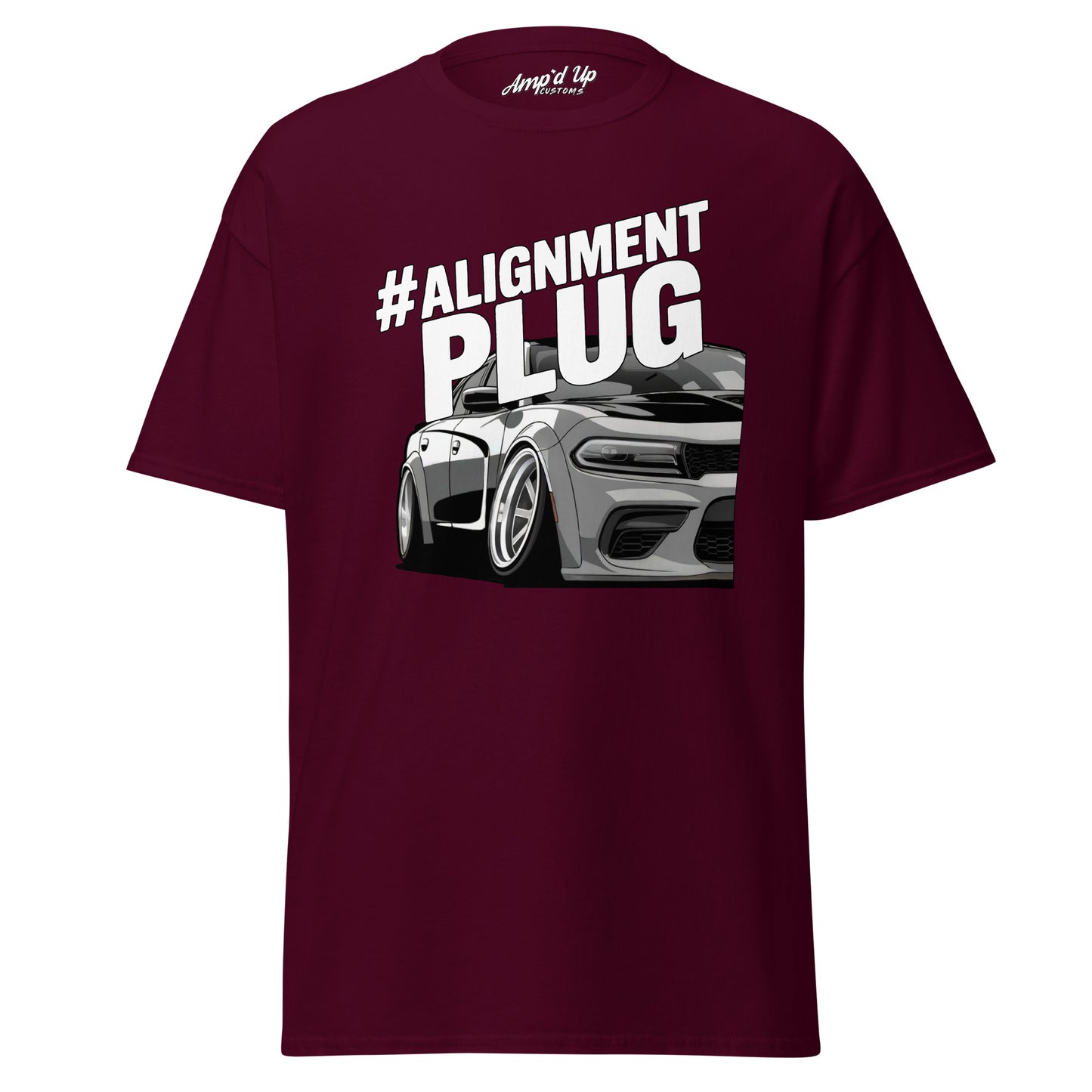 Amp'd Up Custom Alignment PLUG T-Shirt in Maroon with Graphic Car Design