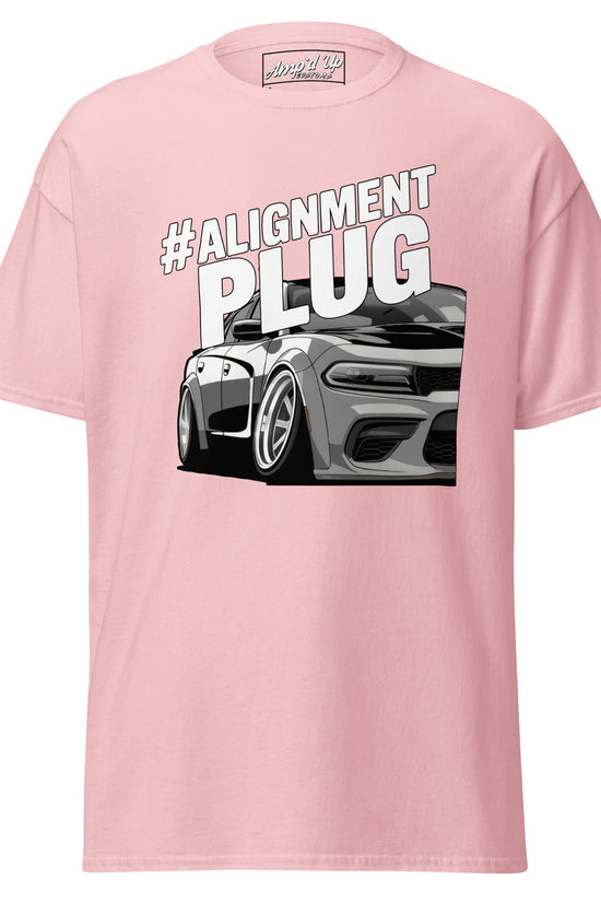 Pink Alignment PLUG T-Shirt featuring a graphic of a sporty car and bold lettering