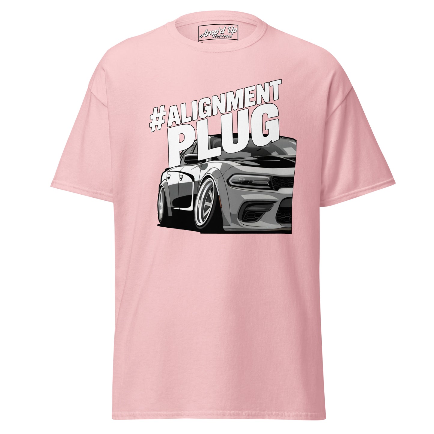 Pink Alignment PLUG T-Shirt featuring a graphic of a sporty car and bold lettering