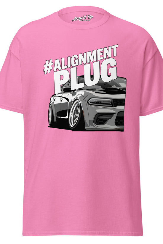 Pink Alignment PLUG T-Shirt featuring a car graphic and bold text design
