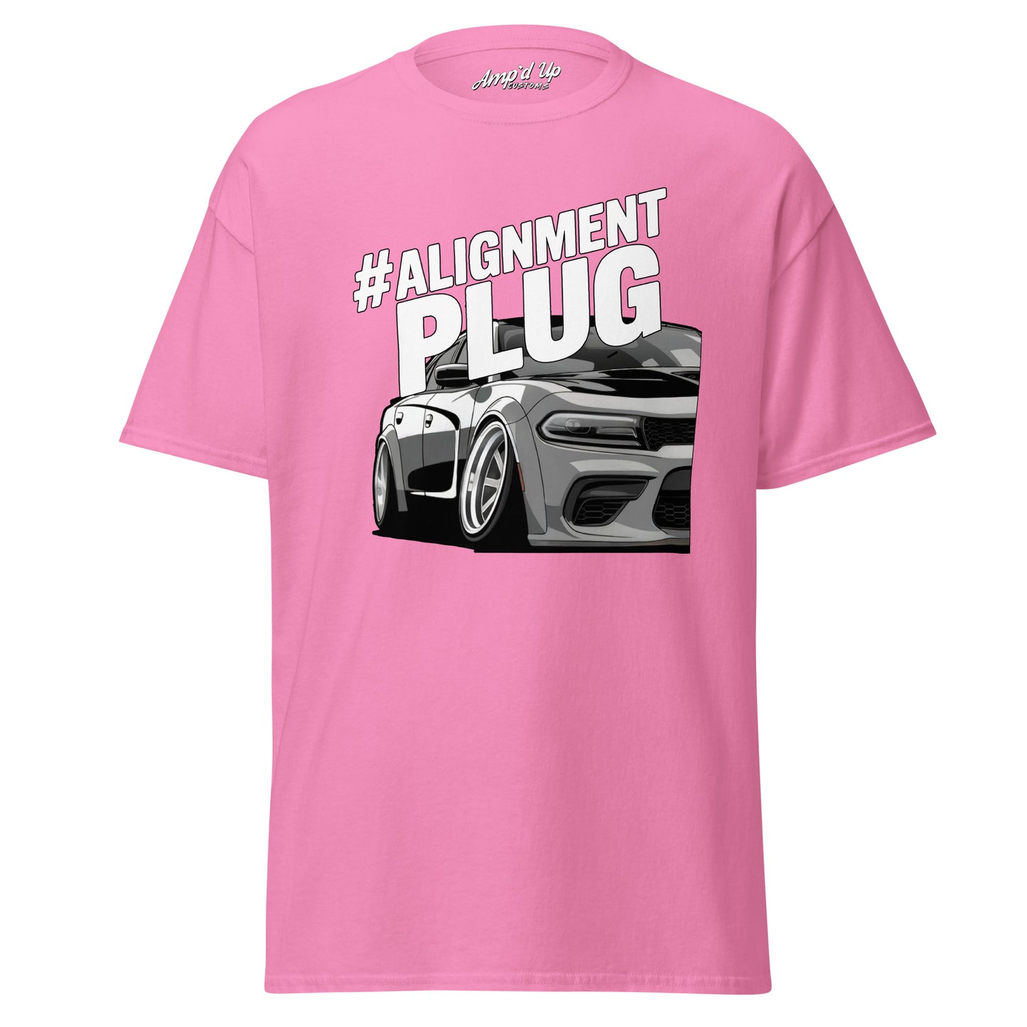 Pink Alignment PLUG T-Shirt featuring a car graphic and bold text design
