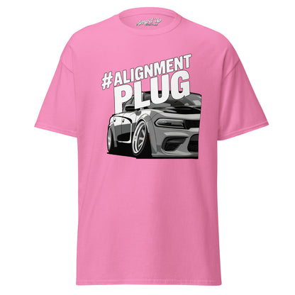 Pink Alignment PLUG T-Shirt featuring a car graphic and bold text design