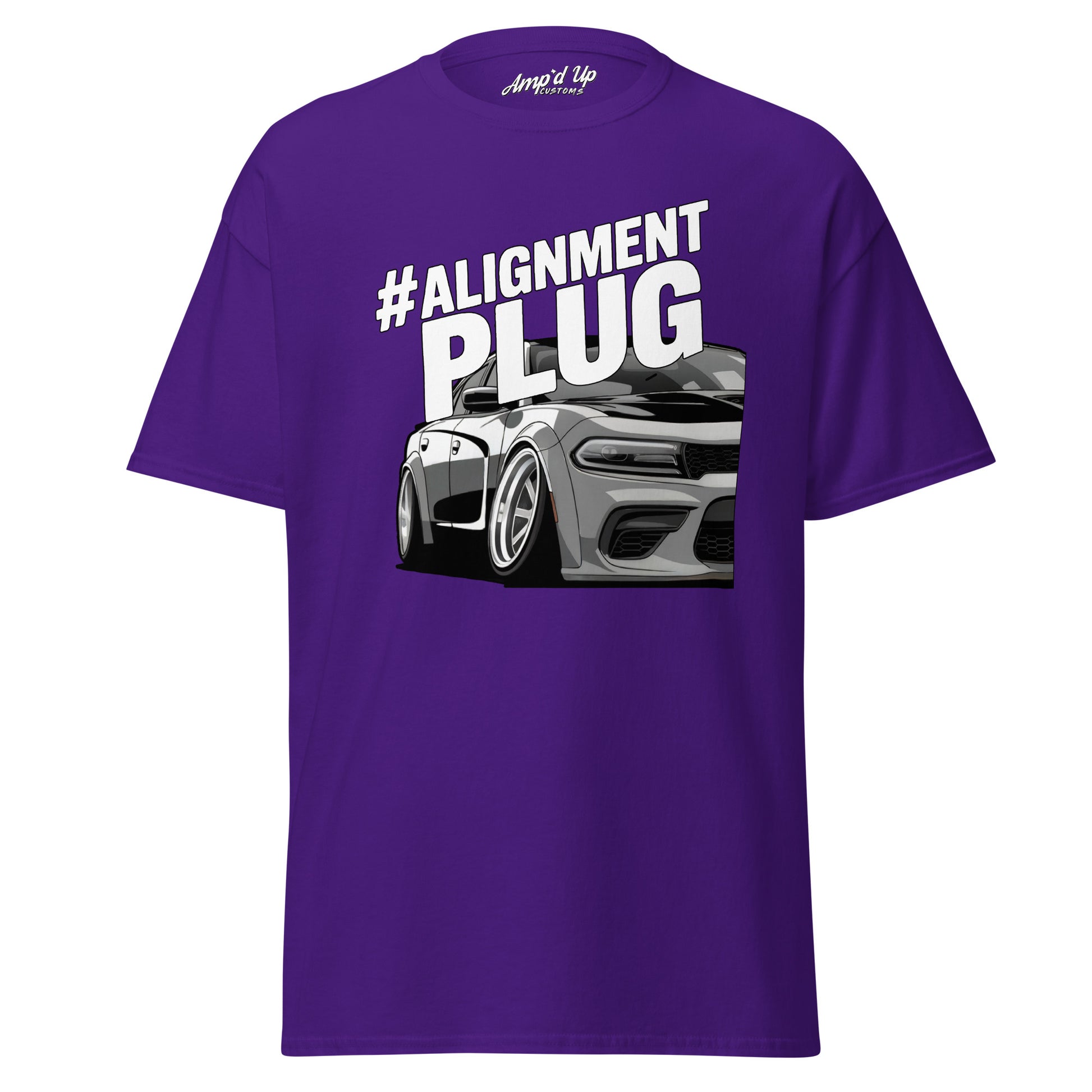 Amp'd Up Custom Alignment PLUG T-Shirt in purple featuring a car graphic