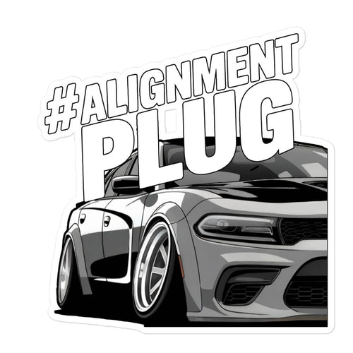 Alignment plug sticker featuring a sleek car design with bold lettering for automotive enthusiasts