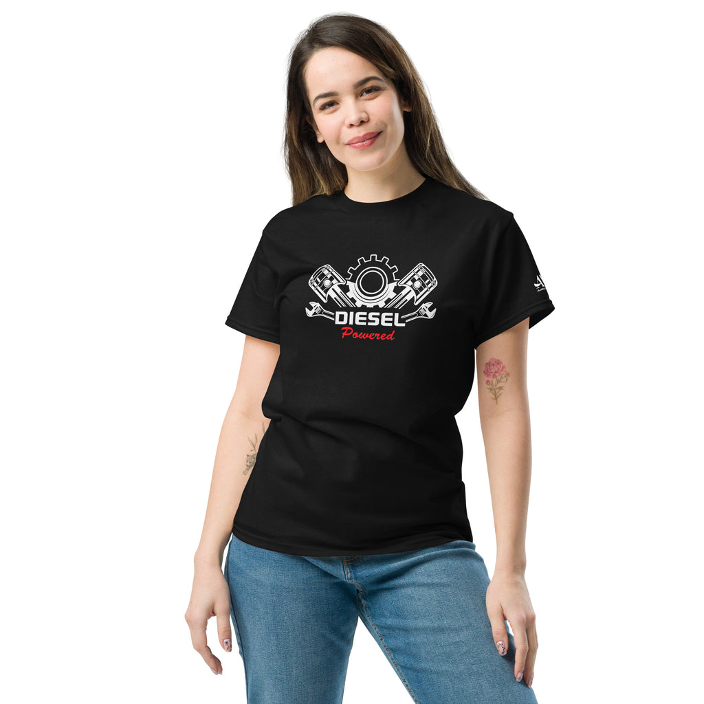 Black Diesel Powered Graphic T-Shirt Mechanic Gift for Diesel Truck Drivers featuring engine design