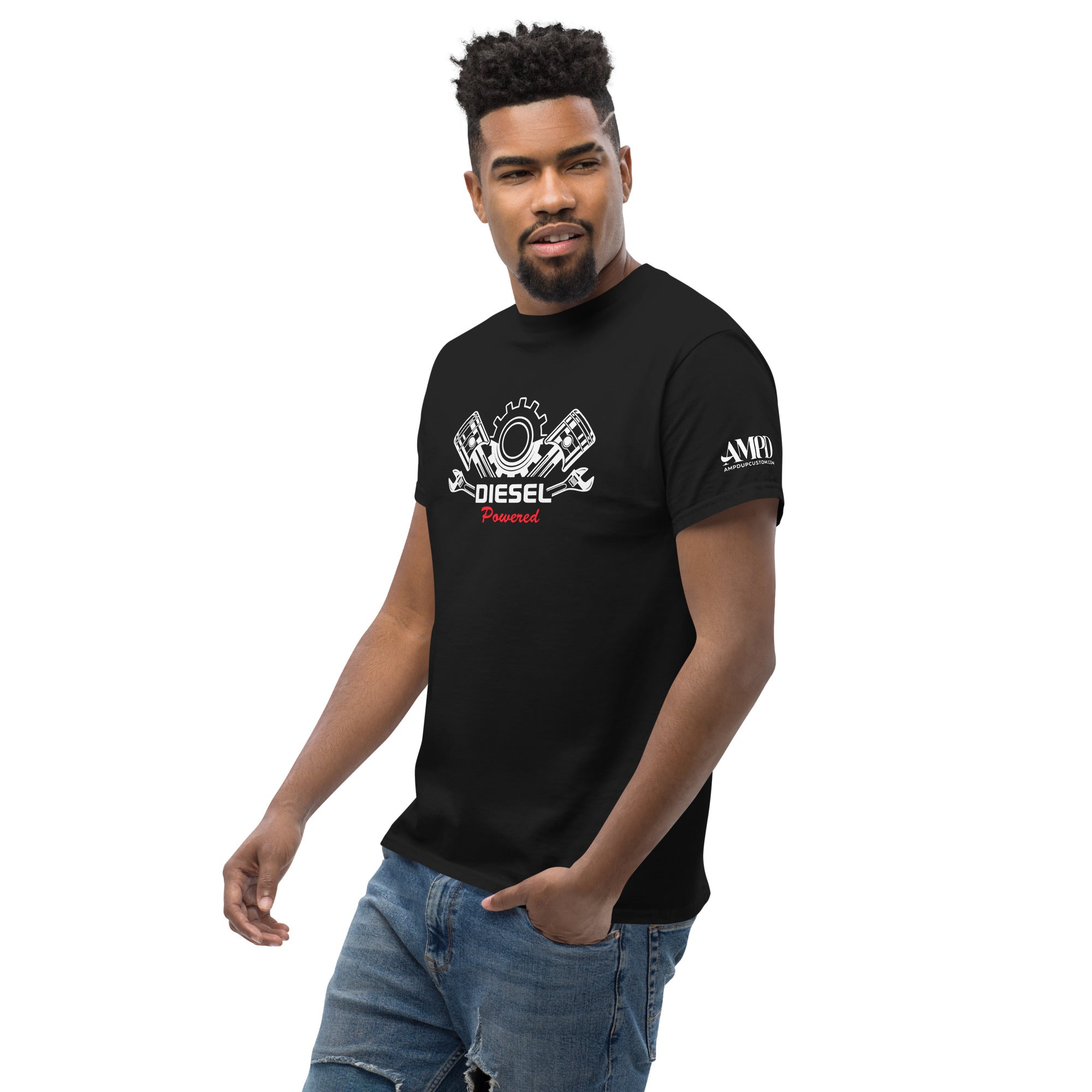Man wearing Diesel Powered Graphic T-Shirt Mechanic Gift for Diesel Truck Drivers from AMP'D UP CUSTOMS
