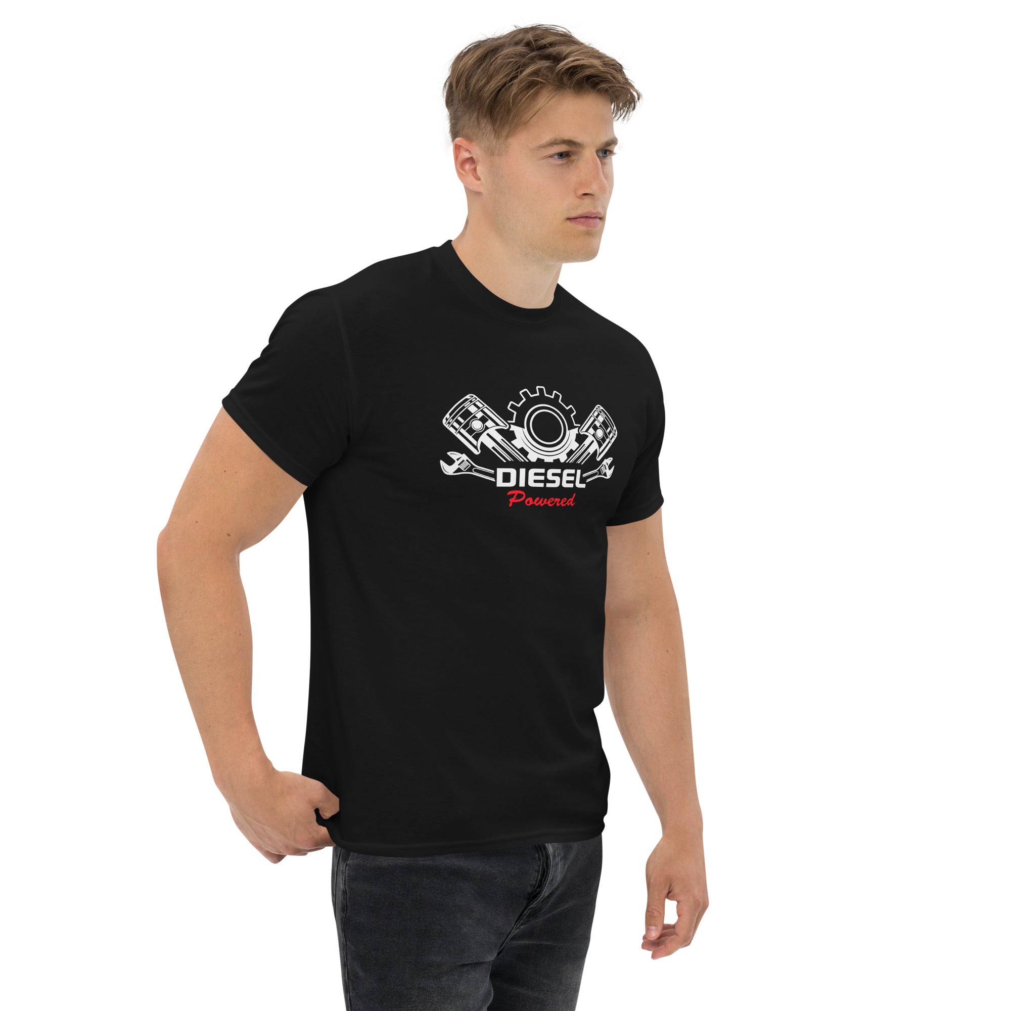 Black Diesel Powered Graphic T-Shirt Mechanic Gift for Diesel Truck Drivers with engine design