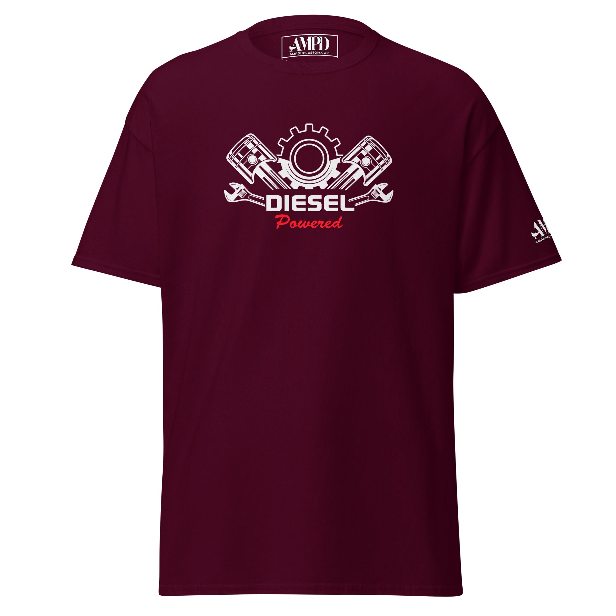 Maroon Diesel Powered Graphic T-Shirt Mechanic Gift for Diesel Truck Drivers with engine design