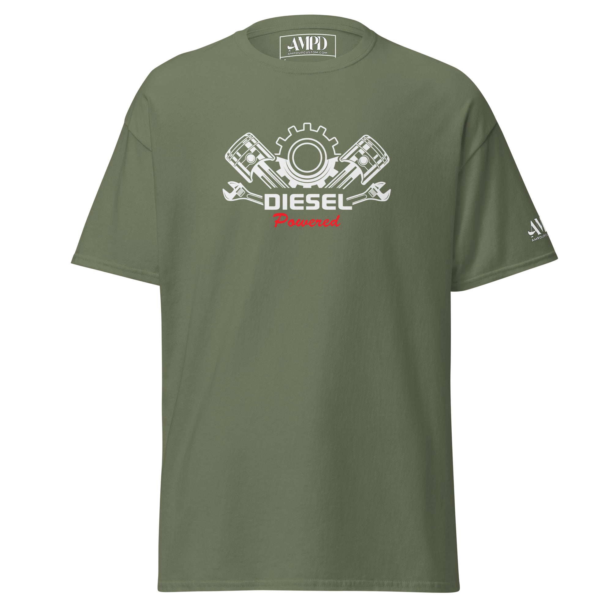 Diesel Powered Graphic T-Shirt Mechanic Gift for Diesel Truck Drivers in olive green with engine design