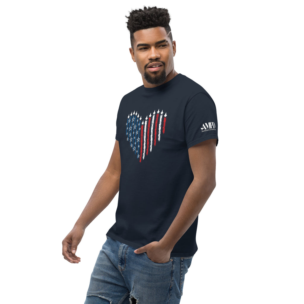 Fighter Jet Patriotic T-Shirt American Aviation Tee with distressed American flag heart design