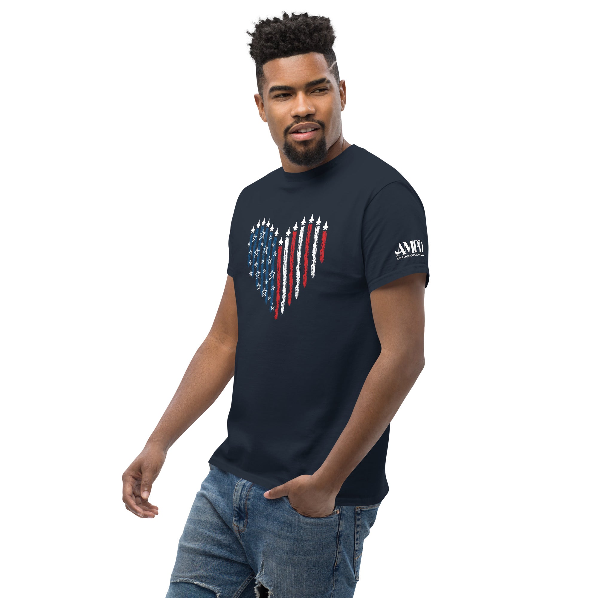 Fighter Jet Patriotic T-Shirt American Aviation Tee with distressed American flag heart design