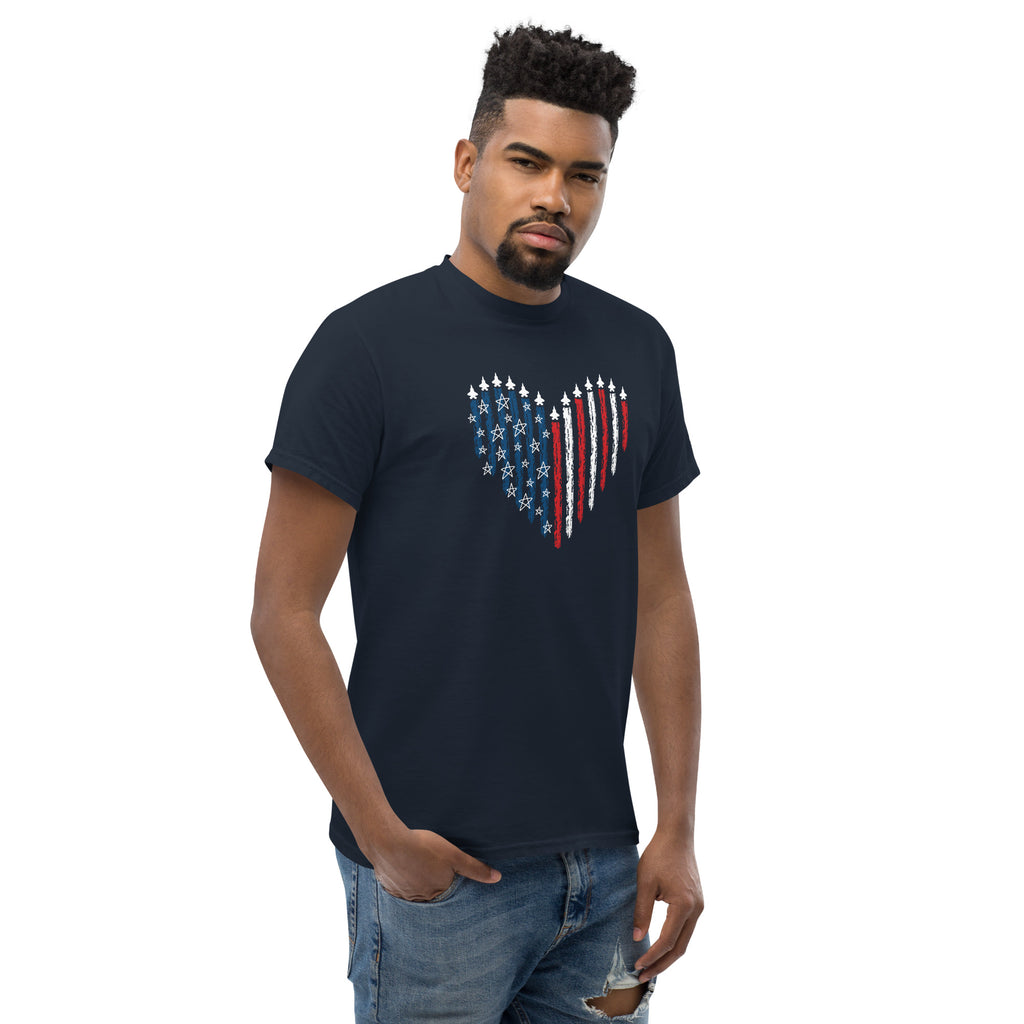 Fighter Jet Patriotic T-Shirt American Aviation Tee with a heart design featuring stars and stripes