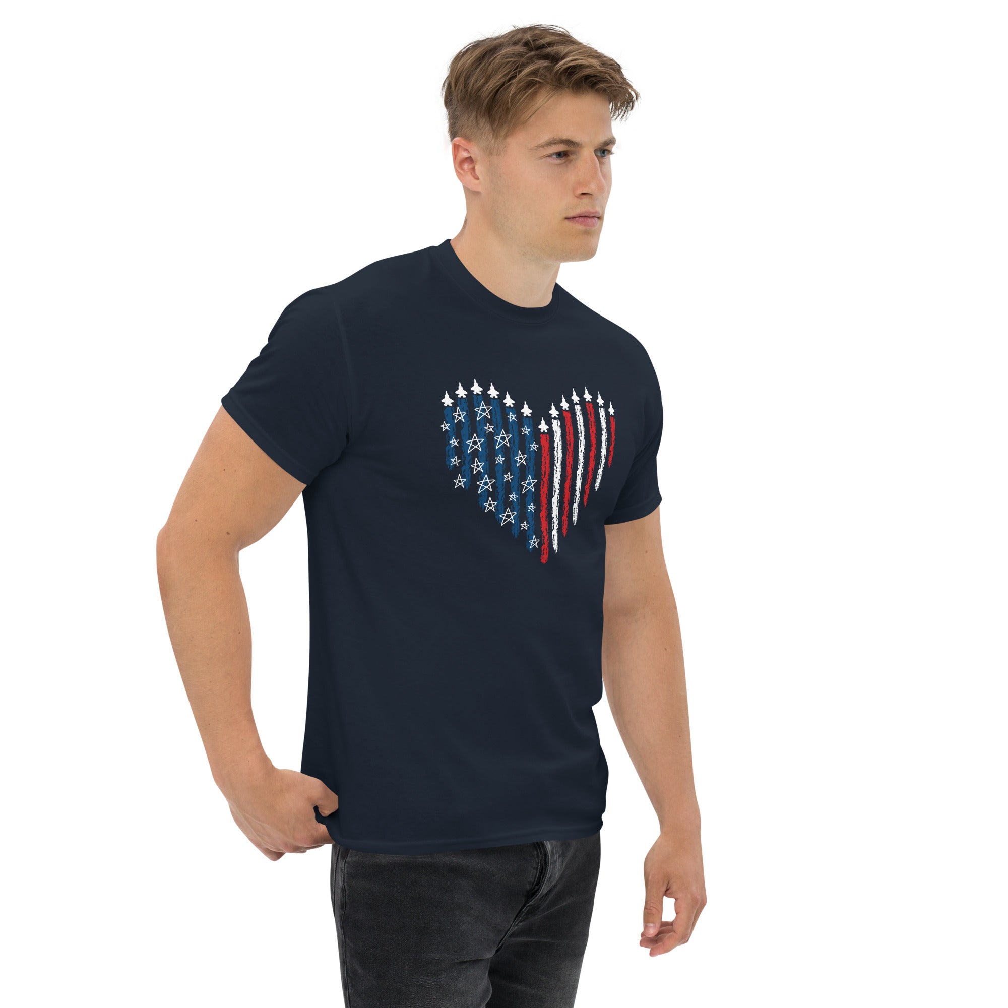 Fighter Jet Patriotic T-Shirt American Aviation Tee with Heart Design in Red, White, and Blue