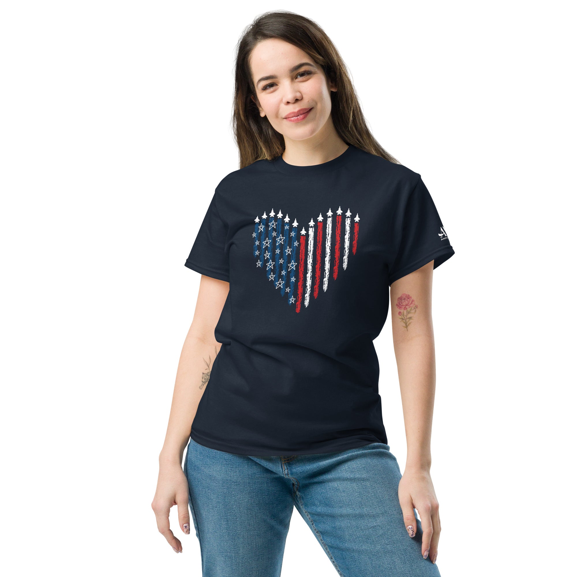 Fighter Jet Patriotic T-Shirt American Aviation Tee with a heart design featuring the American flag