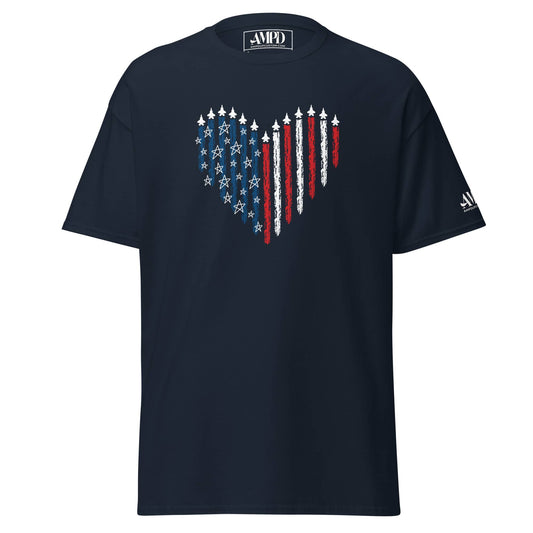 Fighter Jet Patriotic T-Shirt American Aviation Tee with a heart design in red, white, and blue