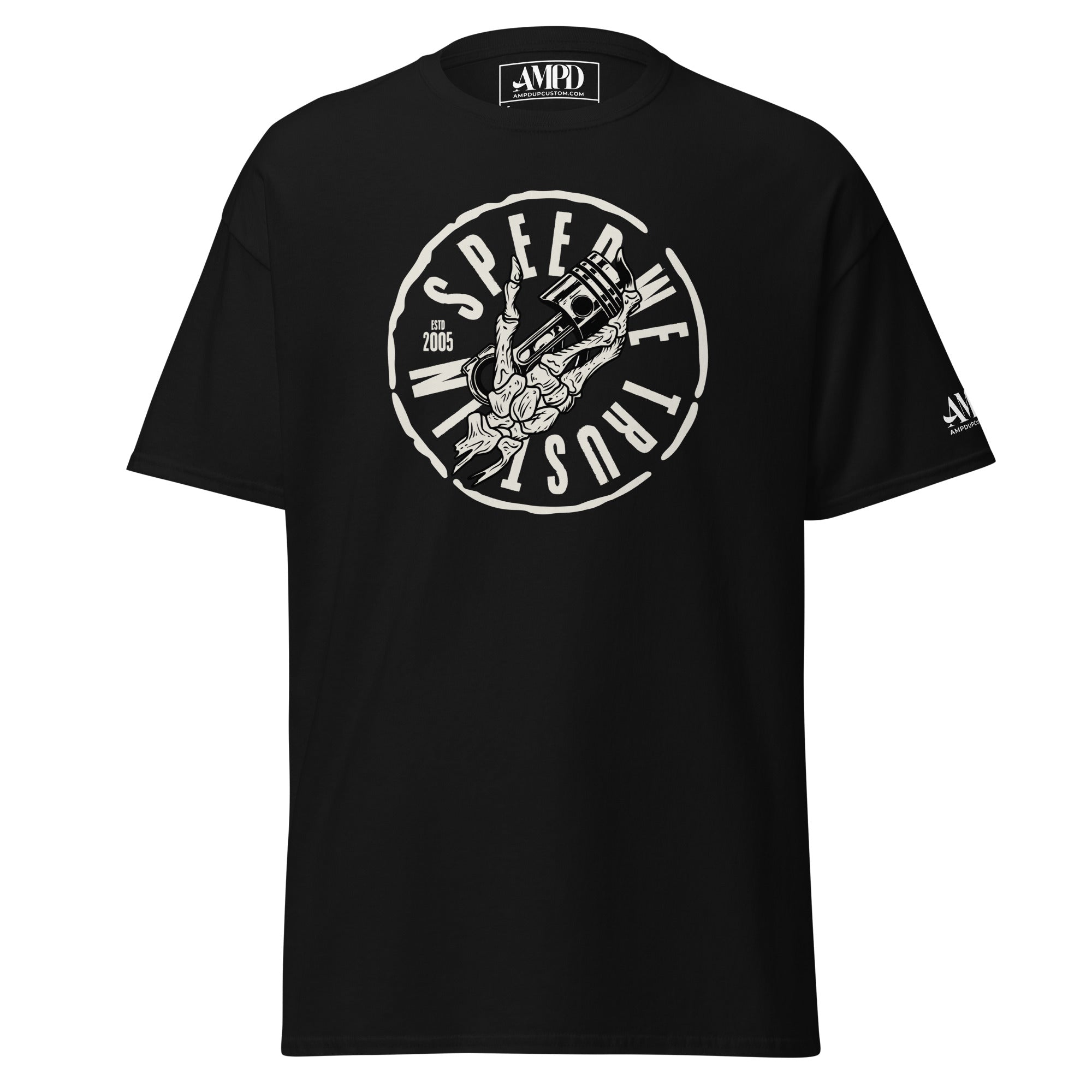 In Speed We Trust T-Shirt Streetwear Car Culture Racing Performance Graphic tee in black with unique design