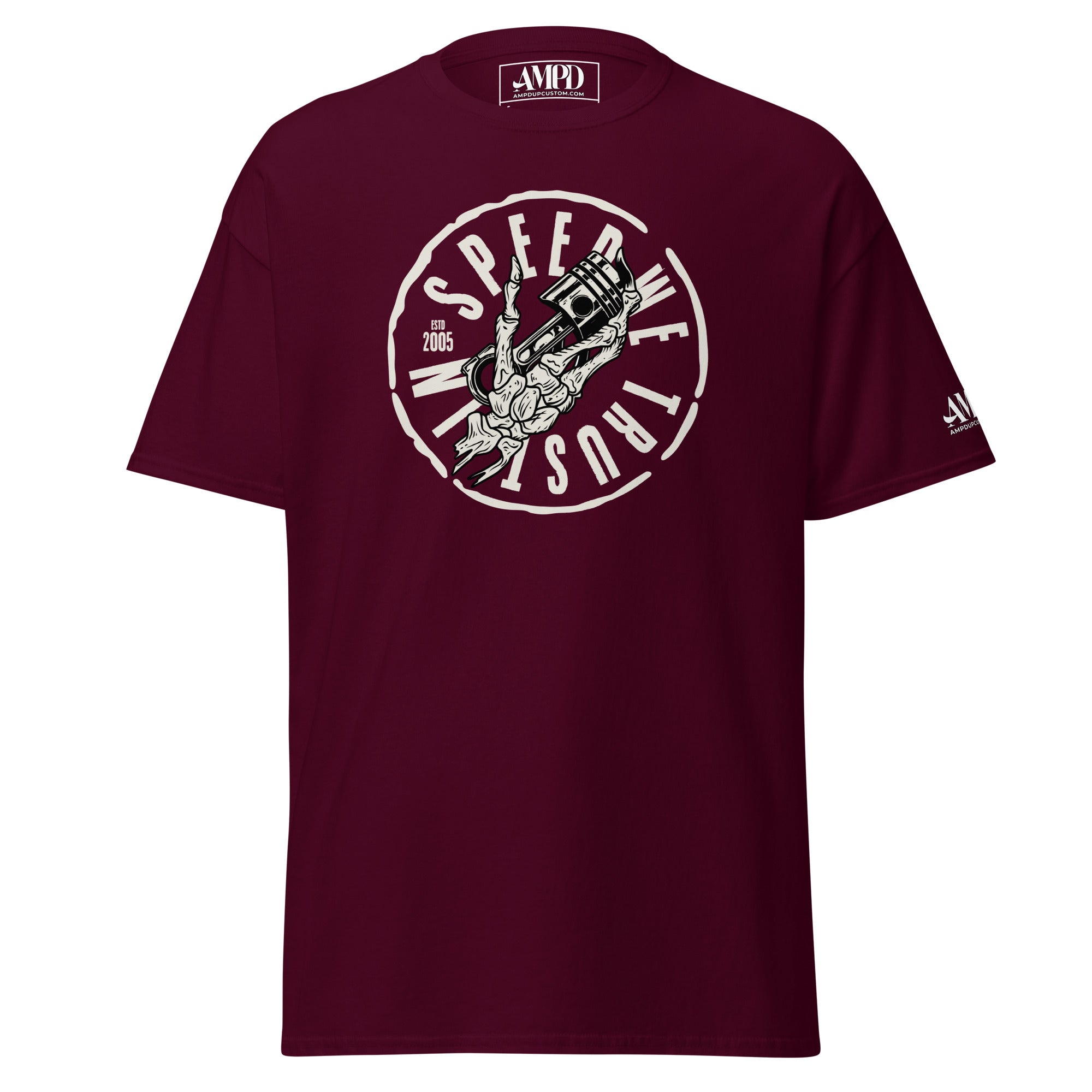 In Speed We Trust T-Shirt Streetwear Car Culture Racing Performance Graphic tee in burgundy with bold design