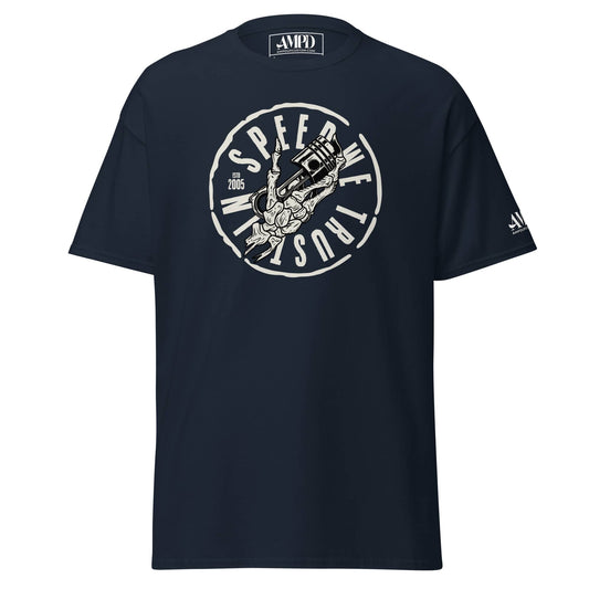 In Speed We Trust T-Shirt Streetwear Car Culture Racing Performance Graphic tee in navy blue