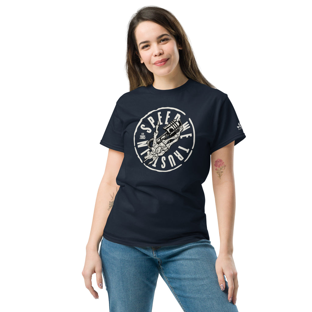 In Speed We Trust T-Shirt Streetwear Car Culture Racing Performance Graphic tee in navy with stylish design