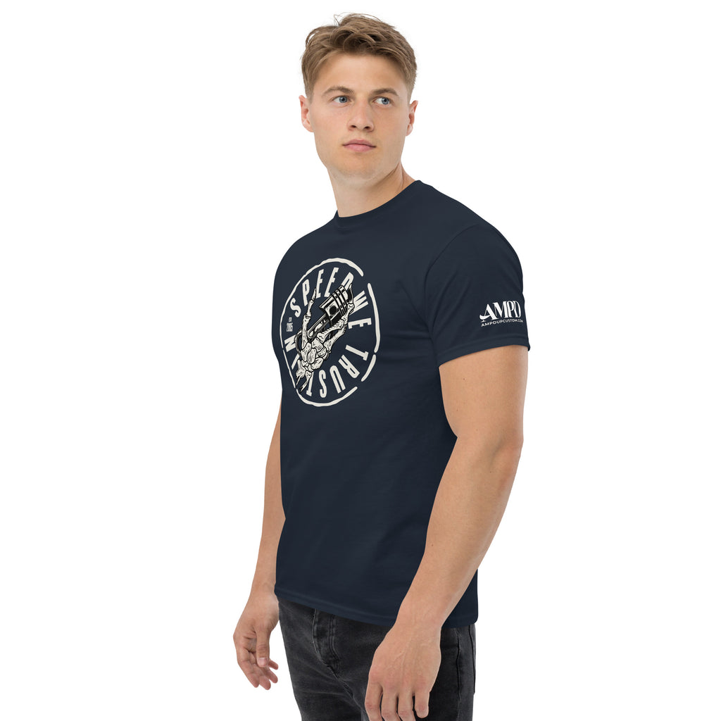 In Speed We Trust T-Shirt Streetwear Car Culture Racing Performance Graphic tee in navy for automotive enthusiasts