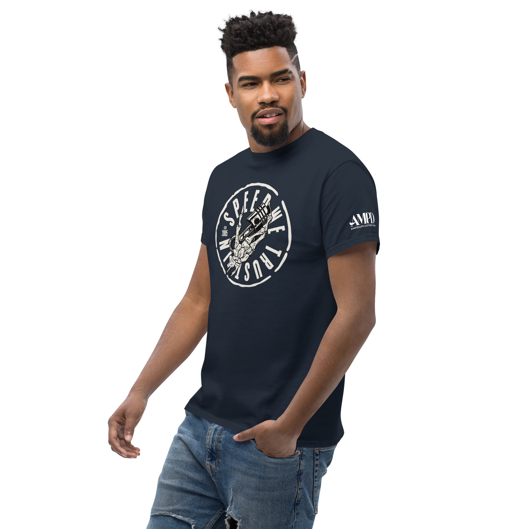In Speed We Trust T-Shirt Streetwear Car Culture Racing Performance Graphic tee featuring a bold design