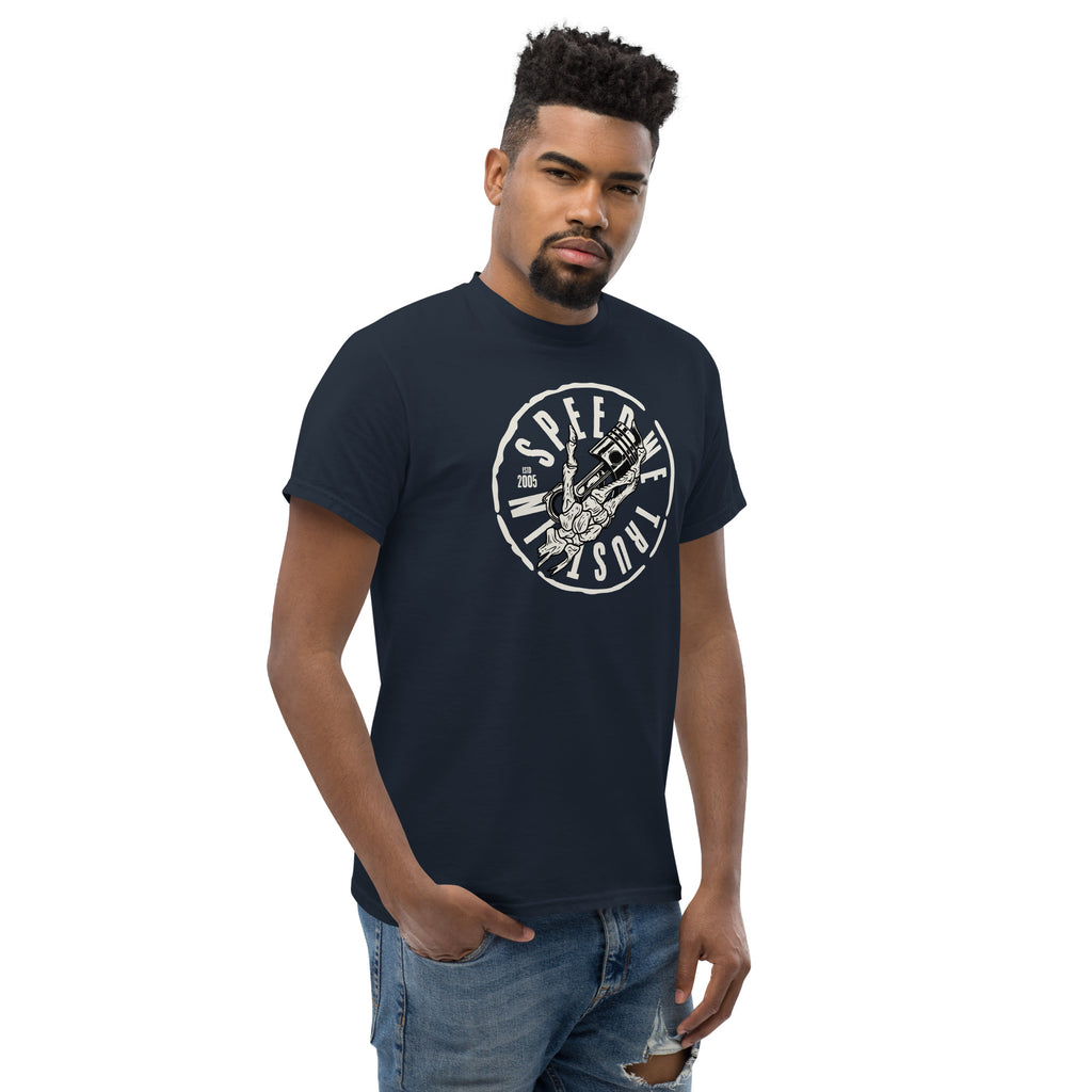 In Speed We Trust T-Shirt Streetwear Car Culture Racing Performance Graphic tee in navy blue worn by a model