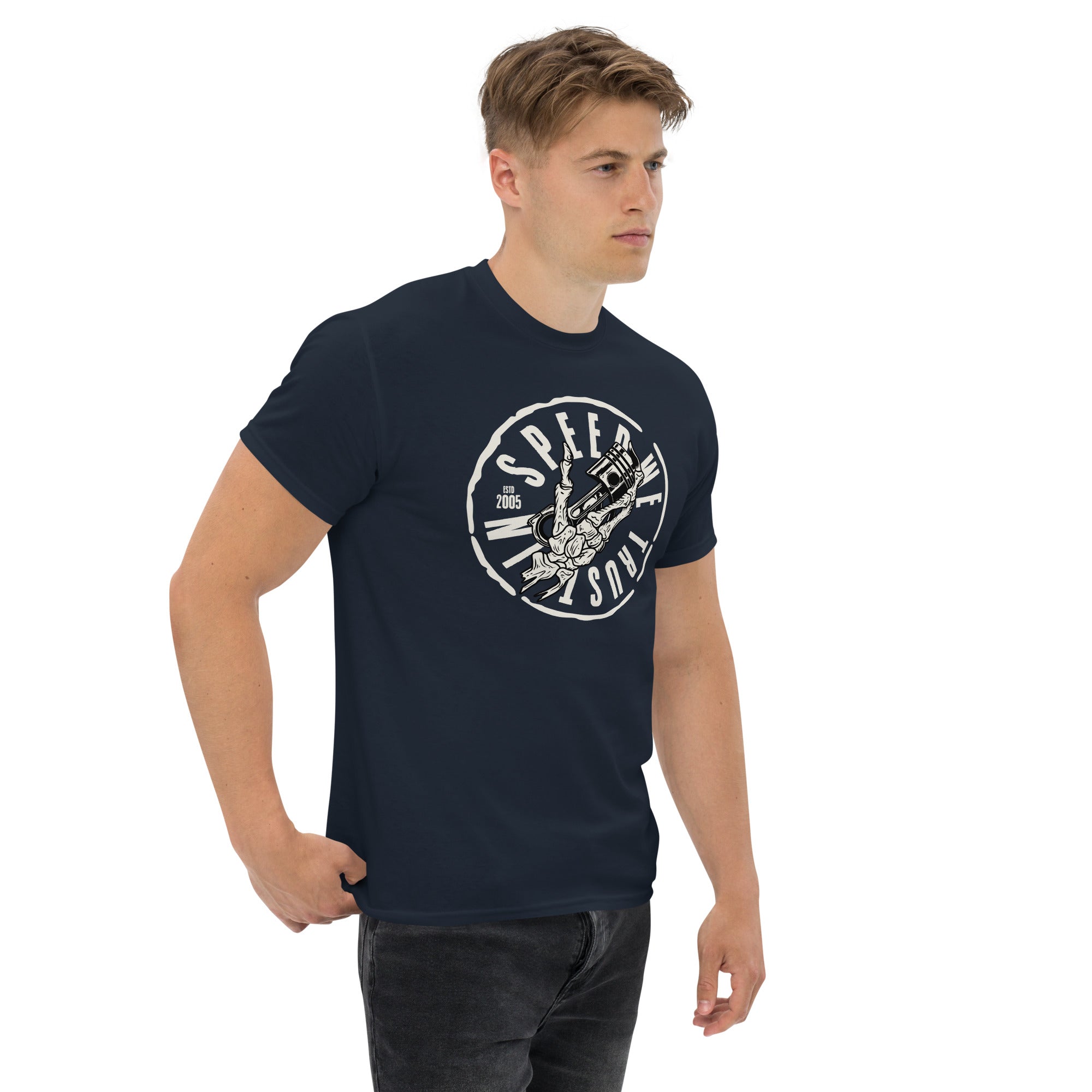In Speed We Trust T-Shirt Streetwear Car Culture Racing Performance Graphic tee in navy blue for enthusiasts