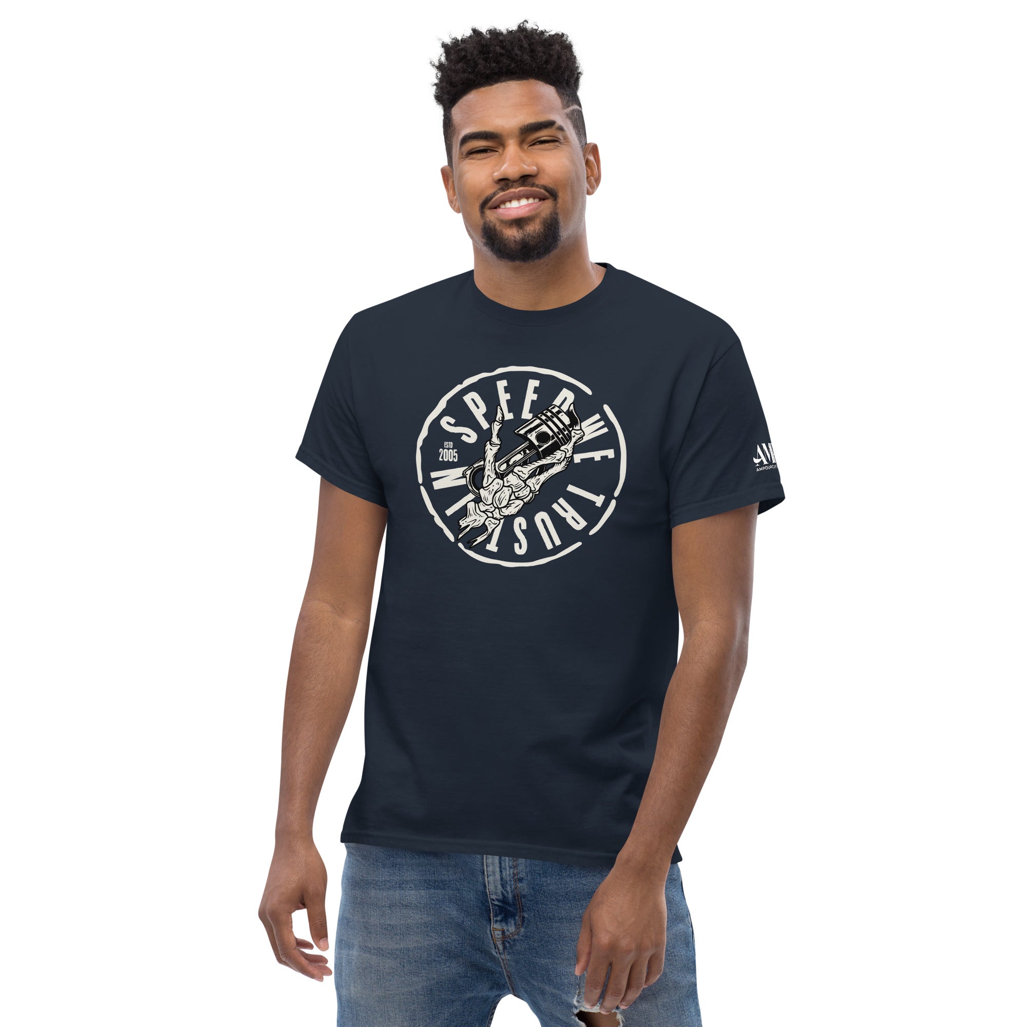 In Speed We Trust T-Shirt Streetwear Car Culture Racing Performance Graphic tee in navy blue with bold design