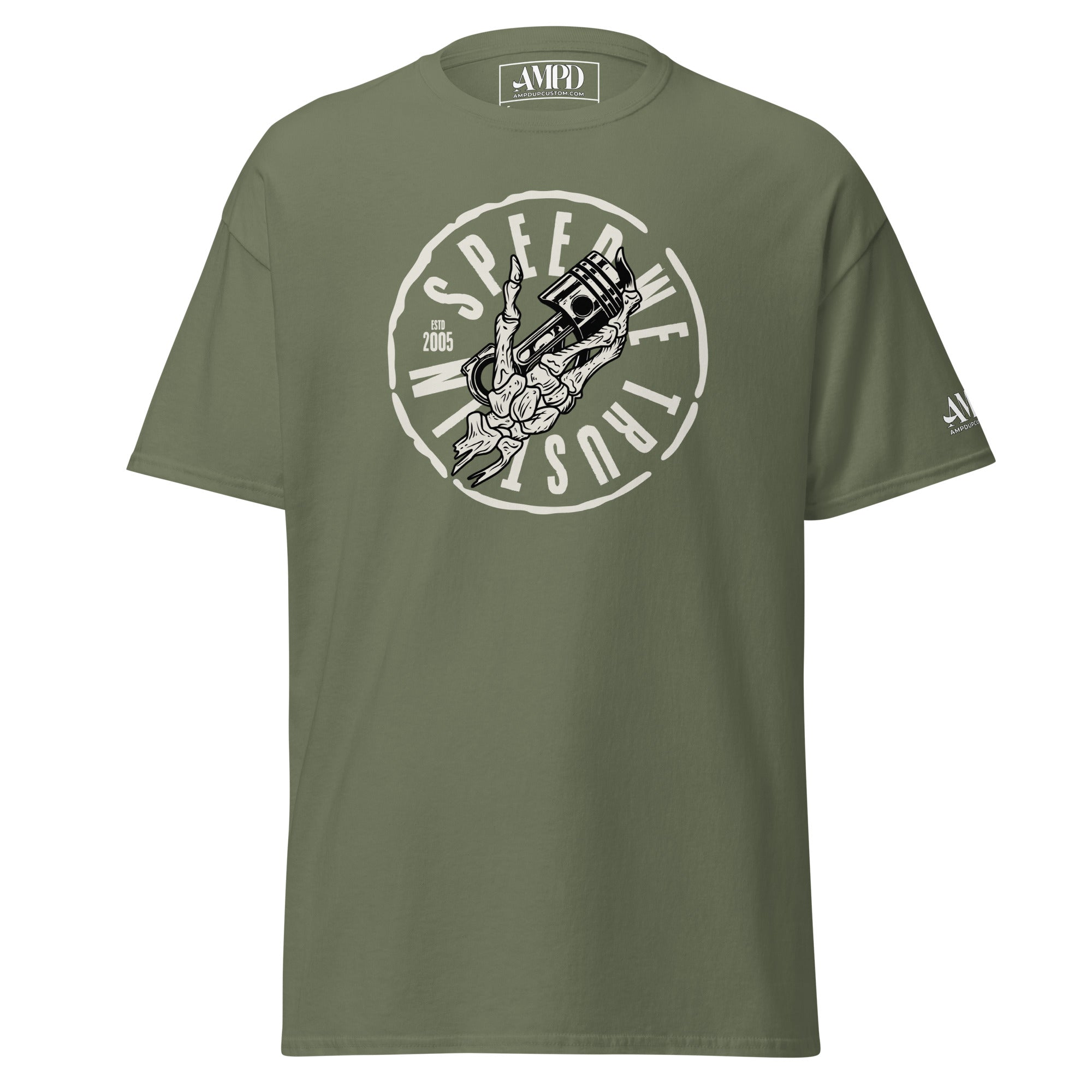 In Speed We Trust T-Shirt Streetwear Car Culture Racing Performance Graphic tee in olive green with unique design