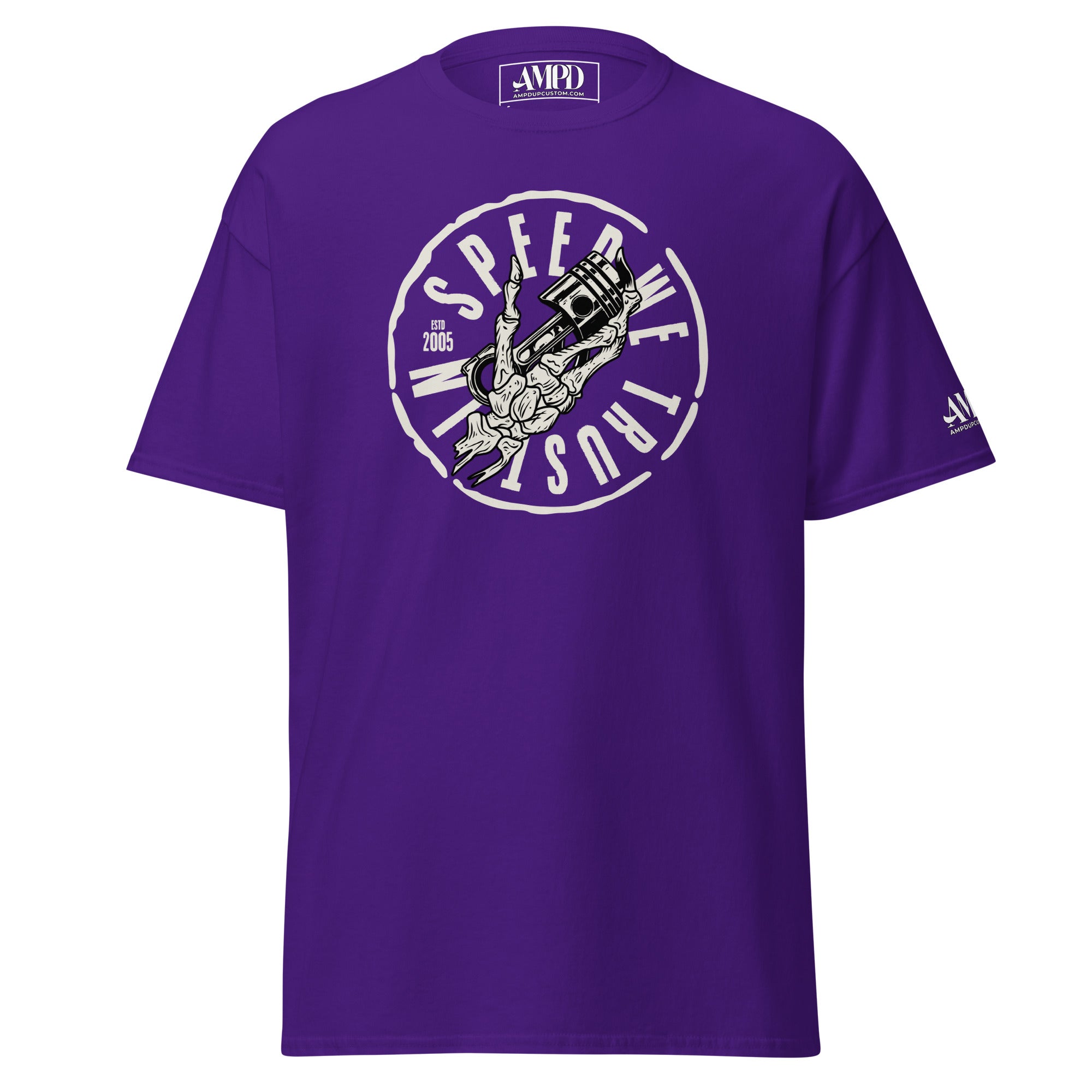 In Speed We Trust T-Shirt Streetwear Car Culture Racing Performance Graphic tee in purple with unique design