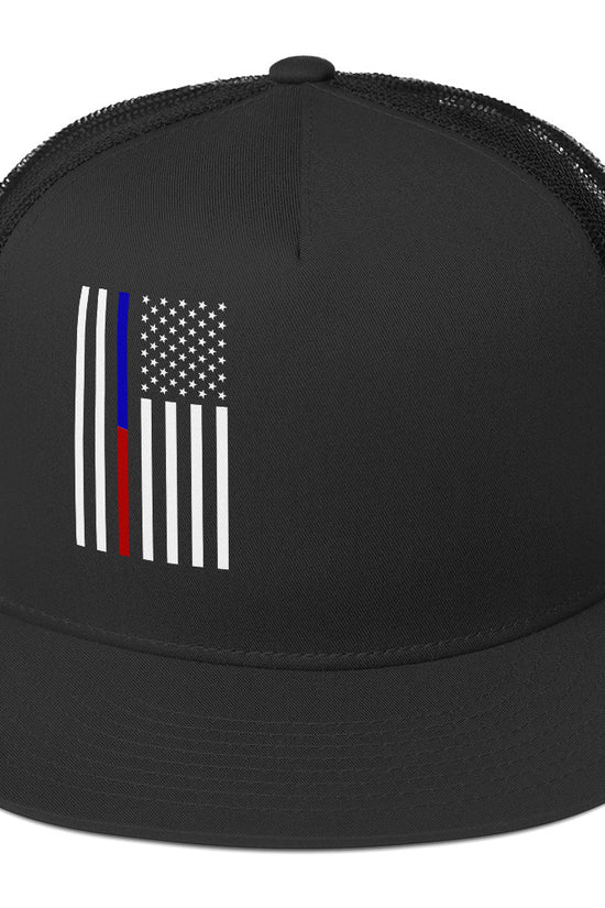 American Flag Trucker Cap in black with a unique flag design featuring stripes and colors