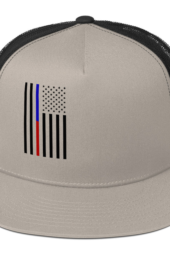 Amp'd Up Custom American Flag Trucker Cap with a unique design featuring a stylized flag graphic