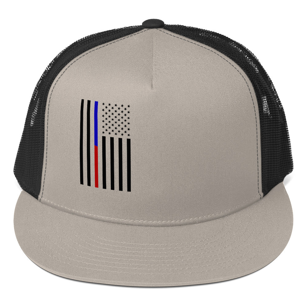 Amp'd Up Custom American Flag Trucker Cap with a unique design featuring a stylized flag graphic