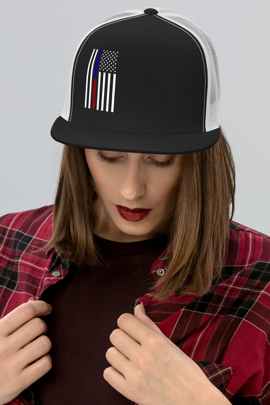 American Flag Trucker Cap with a unique design featuring a flag and stylish mesh backing