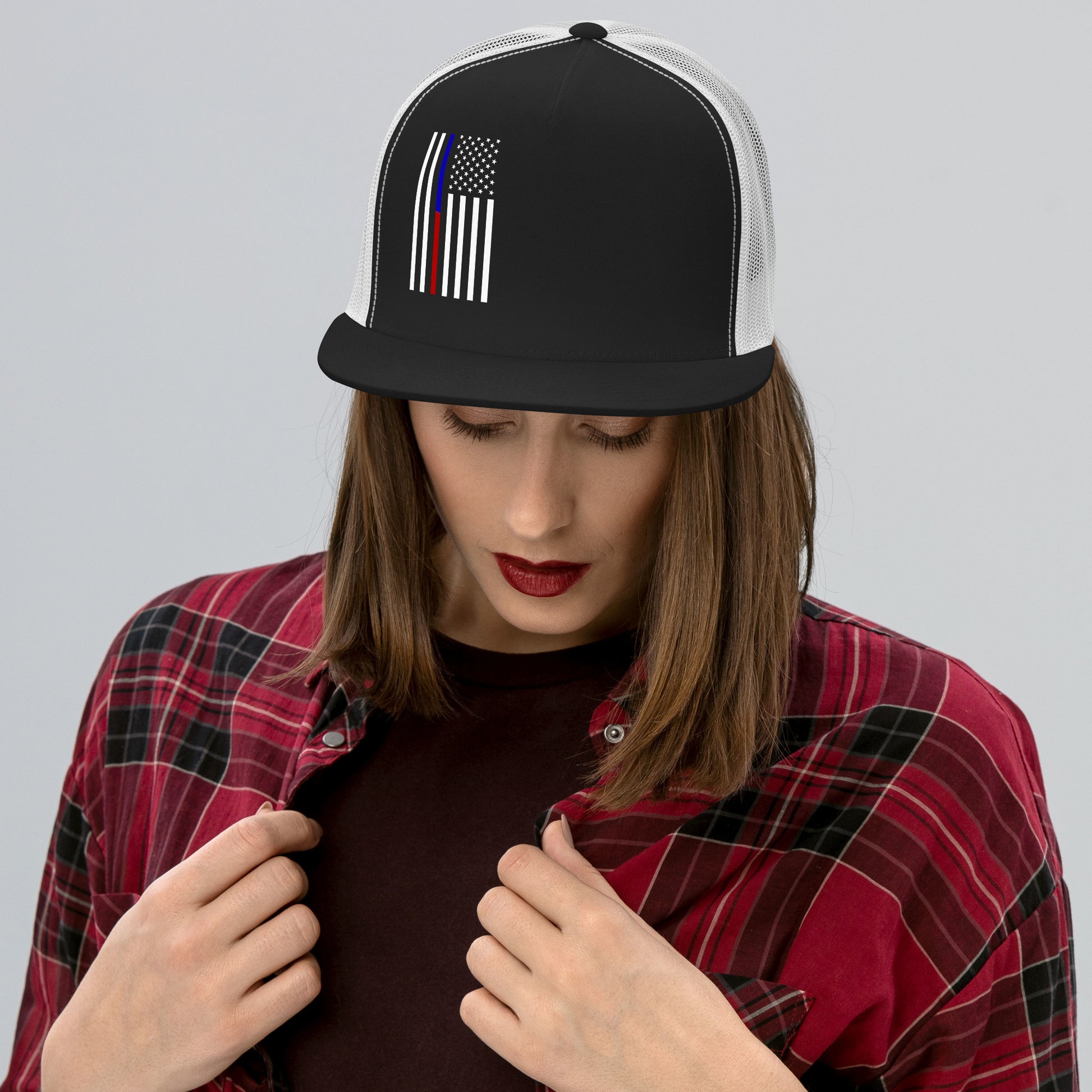 American Flag Trucker Cap with a unique design featuring a flag and stylish mesh backing