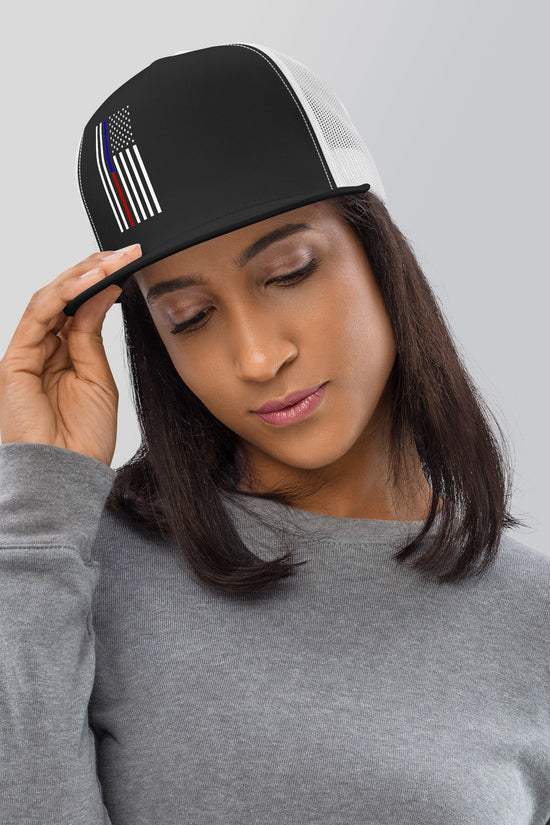 American Flag Trucker Cap with Black Front and Mesh Back, Ideal for Outdoor Activities