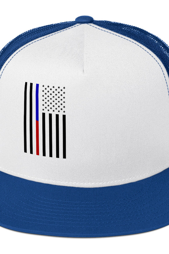 Amp'd Up Custom American Flag Trucker Cap with bold graphic design and blue mesh backing