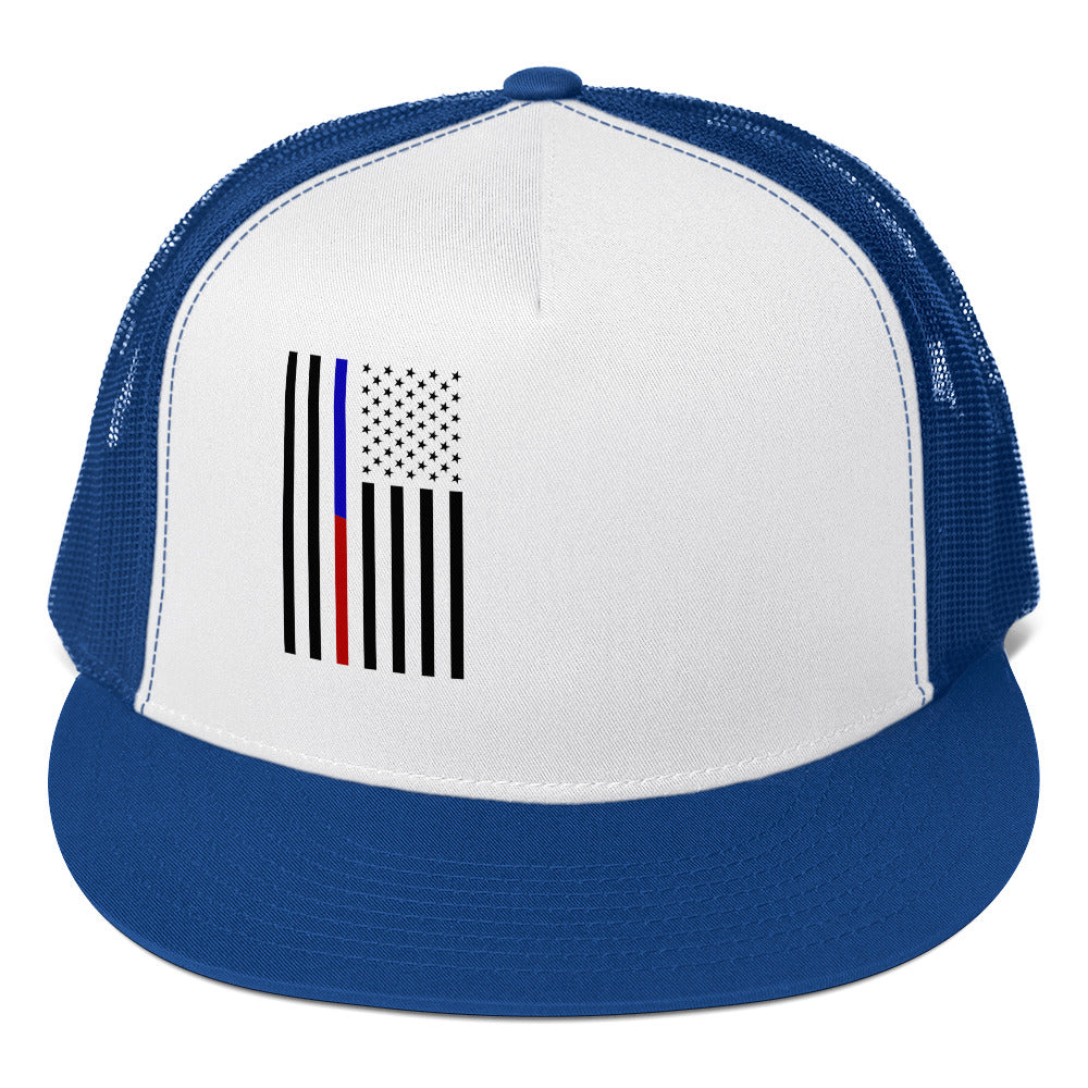 Amp'd Up Custom American Flag Trucker Cap with bold graphic design and blue mesh backing