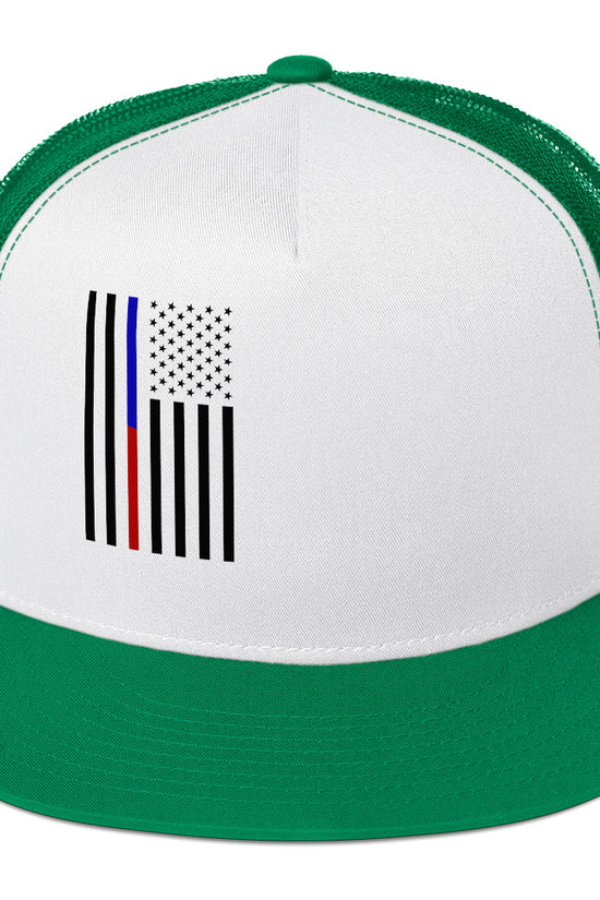 Green and white American Flag Trucker Cap with patriotic design and mesh back for summer wear