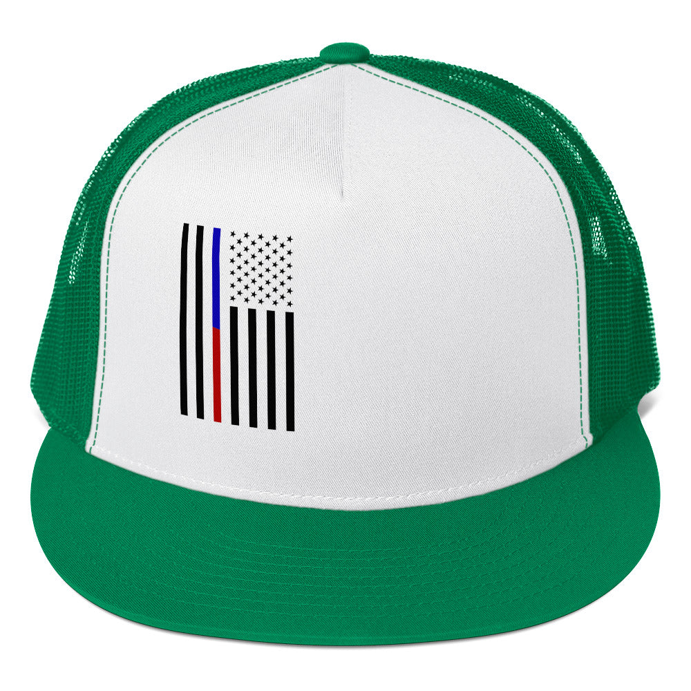 Green and white American Flag Trucker Cap with patriotic design and mesh back for summer wear